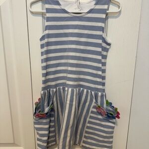 Florence Eiseman Blue and White Striped Dress with Floral Appliqué Pockets